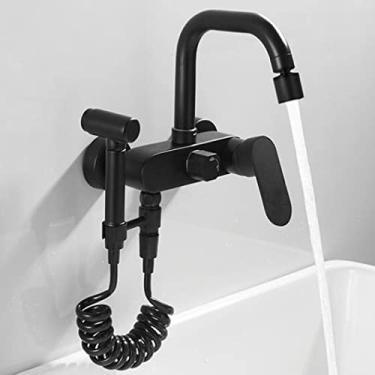 Imagem de Torneira de cozinha torneiras de pia de cozinha montadas na parede com pistola de pulverização torneira misturadora de cozinha de latão giratória de água quente e fria - preta