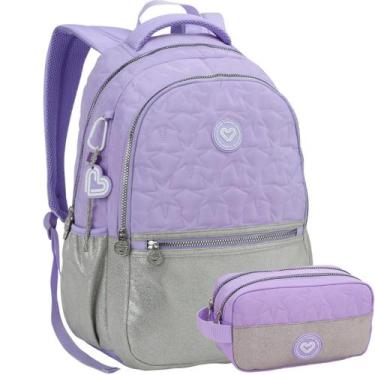 Imagem de Kit Mochila Costas Escolar Color Up Estojo Glitter - Lilás - Seanite