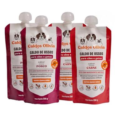 Imagem de Kit 4 Caldos de Ossos Para Cães e Gatos Sabor 250g, Sem Conservantes Artificiais, Caldos Olivia (Carne e Porco)