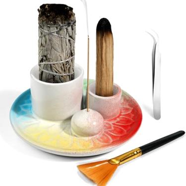 Imagem de Suporte de queimador de incenso 4 em 1, suporte de sálvia para queima, suporte de palo santo, suporte de vela, queimador de incenso de cerâmica, bandeja coletora de cinzas para sala de meditação e