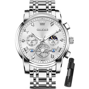 Imagem de OLEVS Relógios masculinos prateados, relógio cronógrafo masculino de aço inoxidável, analógico, quartzo, rosto grande, relógios masculinos luxuosos, à prova d'água, numerais romanos, vestido de