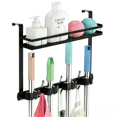 Imagem de EARLESS BEAR Suporte de vassoura sobre a porta, vassoura e esfregão sobre a porta, ganchos organizadores, com 4 compartimentos e 3 ganchos, 1 cesta de armazenamento para lavanderia, garagem, armário
