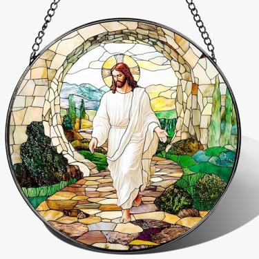 Imagem de Captador de sol de vitral He is Risen Resurrection of Jesus, 20 cm para pendurar vitrais, apanhadores de sol, decoração de janela interna e Natal, presente cristão, presentes religiosos, decoração de