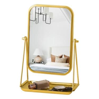 Imagem de Espelho de mesa dourado retangular para maquiagem com suporte de metal e armazenamento de rotação de 360°, espelho de mesa com ajuste de rotação de 360°, espelhos cosméticos portáteis para vestir