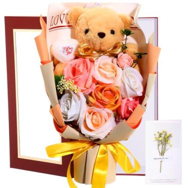 Imagem de PullCrease Buquê de flores com urso, buquê de flores artificiais, caixa de presente com urso de pelúcia, cartão de felicitações para mulheres, mãe, esposa, Dia dos Namorados, aniversário, aniversário