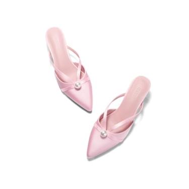 Imagem de Coutgo Sandália feminina de cetim com salto gatinho pérola com bico fino fechado, rosa, 38