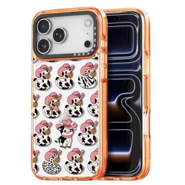 Imagem de Rosarnnah Capa fofa para iPhone 17 Pro Max - Capa de telefone à prova de choque com proteção contra quedas de grau militar de 2 m - Design de vaca leiteira e pato (17 cm) laranja cósmico