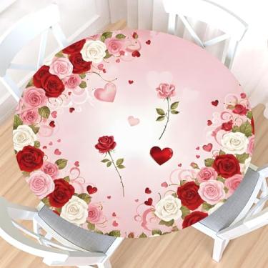 Imagem de Toalha de mesa redonda para o dia dos namorados com borda elástica, resistente à água, limpável, romântica, rosa, vermelha, branca, floral, amor, coração, capa para mesa de 102 a 112 cm, toalha de