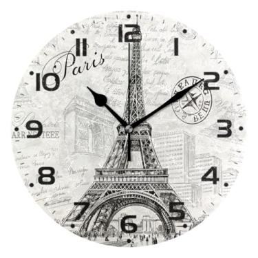Imagem de JUZIHAI Relógio de parede da Torre Eiffel de Paris, silencioso, redondo, sem tique-taque, operado por bateria, fácil de ler, relógio decorativo de parede para casa, cozinha, sala de estar, quarto