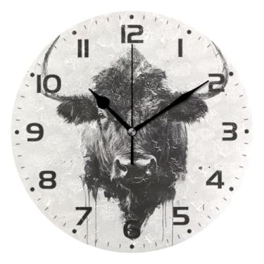 Imagem de JUZIHAI Relógio de parede Buffalo silencioso, sem tique-taque, redondo, operado por bateria, fácil de ler, relógio decorativo de parede para casa, cozinha, sala de estar, quarto, escritório, 25 cm