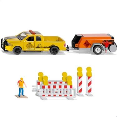 Imagem de Siku 3505, RAM 1500 Pick-Up with Compressor Trailer, 1:50, Metal/Plastic, Yellow/Orange, Incl. barriers and Toy Figure