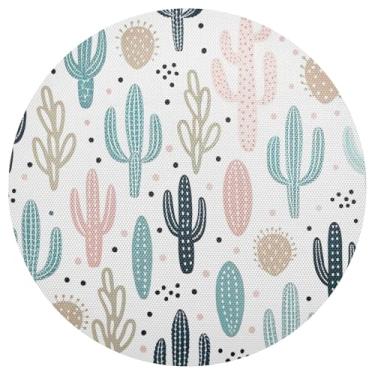 Imagem de Conjunto de 1 jogo americano redondo de PVC durável de cacto pastel branco 38 cm, tapetes laváveis para mesa de jantar