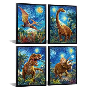 Imagem de Arte de parede de dinossauro noite estrelada impressões emolduradas conjunto de 4 peças T-Rex na floresta dino banheiro quarto decoração