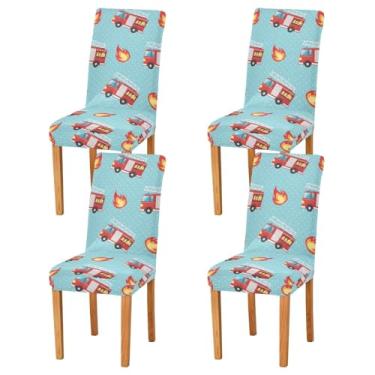 Imagem de ODAWA Conjunto de 2 capas de cadeira de jantar, laváveis e removíveis, capas de cadeira de mesa de jantar, caminhões de bombeiros vermelhos, chamas elásticas, para sala de estar, ótima decoração para