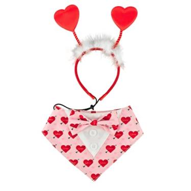 Imagem de Conjunto de fantasia de cachorro com estampa de coração vermelho dos namorados com estampa de flecha do amor, smoking vermelho com penugem branca, tema do dia dos namorados, roupa romântica de férias