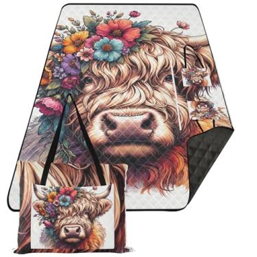 Imagem de TSENQUE Cobertores de areia de vaca Highland fofos para praia à prova de areia suprimentos de piquenique tapete dobrável cobertores de grama para atividades ao ar livre 299,7 cm x 203,2 cm