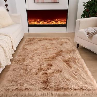 Imagem de CKLZSAY Tapete de pele de carneiro de pele sintética super macio e fofo tapete de área de pelúcia para quarto de criança almofada de sofá para sala de estar tapetes de cabeceira (marrom, retângulo de