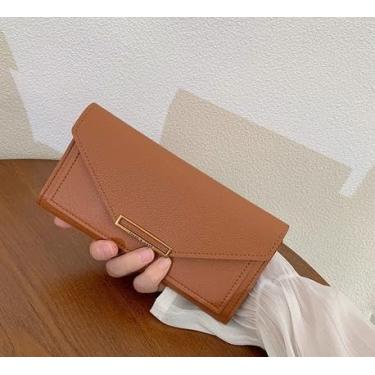 Imagem de Carteira feminina de couro genuíno com dobra dupla/tripla - Suporte minimalista para cartão de crédito com bloqueio de RFID e bolso para moedas, Marrom, Casual