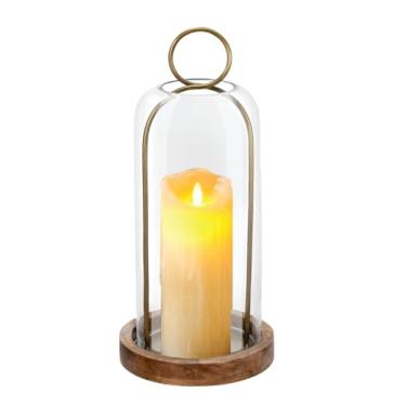 Imagem de Castiçal de metal vintage de latão de 40,6 cm de altura versátil com cúpula de vidro resistente à mão e base de madeira natural para velas e plantas, industrial, casa de fazenda, chique gasto, potes