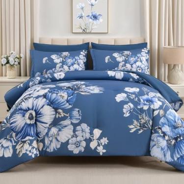 Imagem de LLDSYW Conjunto de edredom Queen com 7 peças, para cama em uma bolsa, floral, azul, com lençóis, microfibra macia, para todas as estações (azul, 228 x 228 cm)