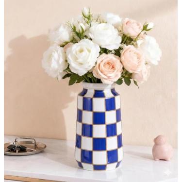 Imagem de Vaso de cerâmica azul e branco, vasos xadrez modernos de meados do século para flores e grama dos pampas, vaso xadrez preto e branco para mesa de jantar, mesa de cozinha, decoração minimalista (azul)