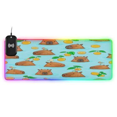 Imagem de CEBUGI Mouse pad de carregamento sem fio padrão Capybaras 15 W rápido para jogos com iluminação LED 14 RGB para jogos, PC, laptop, mesa 90,9 x 39,9 cm