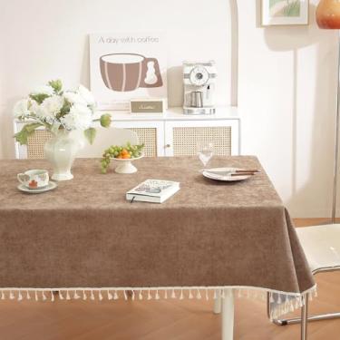 Imagem de Wuluwala Toalha de mesa rústica para mesas de jantar, toalha de mesa simples de cor sólida com borlas, tecido de chenille macio, lavável, capa de mesa para cozinha, uso interno e externo, cáqui, 140 x