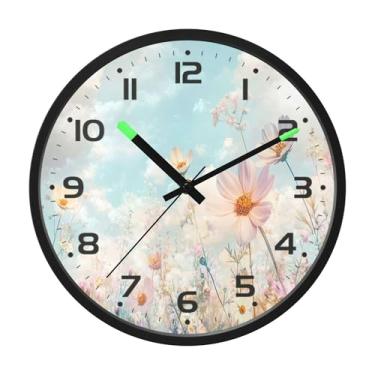 Imagem de SEHANY Herb Wildflower Relógio de parede silencioso sem tique-taque relógio redondo operado por bateria 30 cm controle de som luz noturna relógios de parede para sala de estar, cozinha, quarto