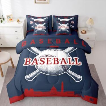 Imagem de Erosebridal Jogo de cama casal com edredom de beisebol, softball, 7 peças, para crianças, meninos, adolescentes, cama urbana, em uma bolsa, jogos esportivos, (Washington), azul escuro, vermelho e