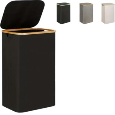 Imagem de Cesto de Roupas Sujas de Bambu com Tampa, 120 Litros Grande Capacidade, Organizador Retangular para Lavanderia e Área de Serviço(Preto)