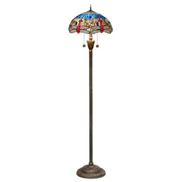 Imagem de Luminária de chão para casa, estilo Tiffany com vitral, 2 lâmpadas, 40x40x162 cm, estilo vitoriano antigo, industrial, com base em resina bronze, decoração com libélula azul.
