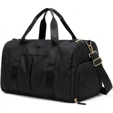 Imagem de Mala de Mao Compacta de Viagem Feminina Funcional com Alca Transversal Bolsa de Viagem em Nylon Resistente com Bolso para Sapatos Ajustavel Leve e Versatil Ideal e Uso Diario (Preto)