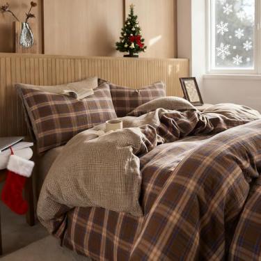 Imagem de EAVD Capa de edredom xadrez marrom estilo vintage, solteiro, macio, 100% algodão musselina, marrom, verde, azul, quadriculado, xadrez, jogo de cama com 2 fronhas, capa de edredom reversível com zíper