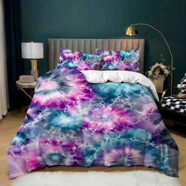 Imagem de AILONEN Conjunto de capa de edredom decorativo tie dye colorido para crianças, meninas, tamanho king, estilo boêmio, aquarela, 3 peças, capa de edredom hippie trippy, 1 capa de edredom + 2 fronhas