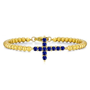 Imagem de Pulseira feminina com cruz de pedra do mês de nascimento, banhada a ouro 14 k, delicada, de aço inoxidável, zircônia cúbica, contas de fé, ajustável, moderna, joia de presente, Large, Aço inoxidável