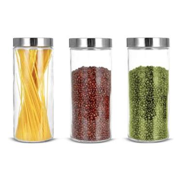 Imagem de Kit Jogo 3 pote de vidro liso 27cm tampa em aço inox redondo p mantime