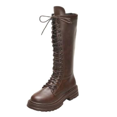 Imagem de Botas de cano alto com cadarço para mulheres, estilo britânico, sola grossa, salto grosso, modernas para uso no inverno, Marrom, 38