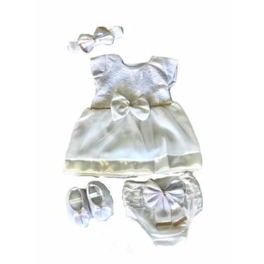 Imagem de Kit Vestido Calcinha Sapatinho Laço Roupa Bebe 0-6 meses 4pc - Lala Lu