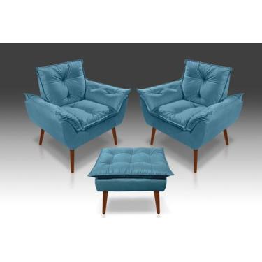 Imagem de Kit 02 Poltrona Opala + 01 Puff Opala Suede Azul Claro- Modena Decor  