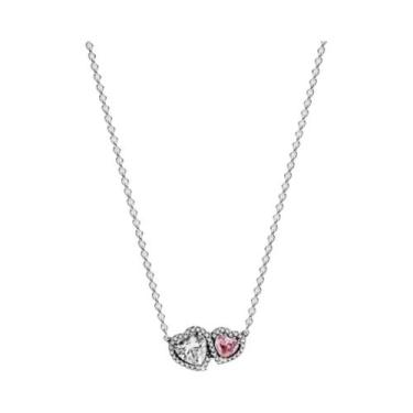 Imagem de Colar Feminino De Prata 925 Com Laço Rosa, Coração Vermelho E Flor  Jo