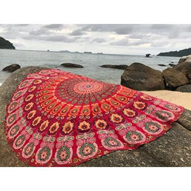 Imagem de raajsee Tapeçaria de praia redonda mandala vermelha hippie/boho cobertor de praia redondo/algodão indiano toalha de mesa redonda boêmia / tapete de ioga tapetes de piquenique meditação 177,8 cm