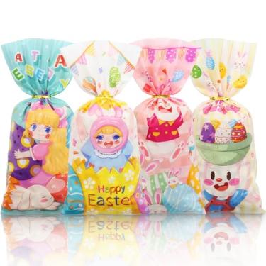 Imagem de Sacos de guloseimas de celofane de Páscoa, 50 peças de princesas fofas e coelhinhos com estampa feliz de Páscoa, sacos de guloseimas de plástico, doces e biscoitos, suprimentos de lembrancinha de