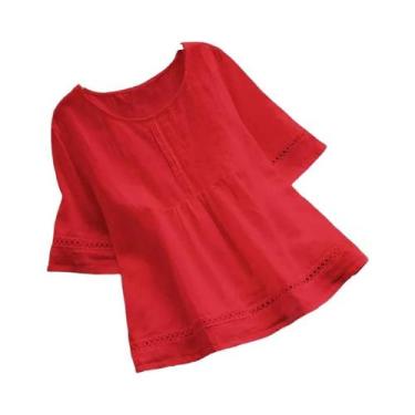 Imagem de Camisa Elegante Feminina De Algodão E Linho, Cor Sólida, Casual, Decot