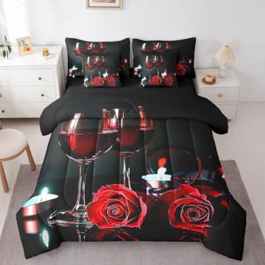 Imagem de Erosebridal Conjunto de edredom de 7 peças, rosa vermelha, cama de solteiro, romântico, dia dos namorados, para grils, velas de taça de vinho, enchimento de edredom, pétalas florais de rosa e edredom