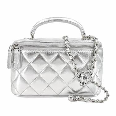 Imagem de M-ioi-M Pequena bolsa de couro genuíno acolchoada para mulheres, mini bolsa de ombro com alça superior com alça de corrente dourada, Prata metálica (alça destacável), Small