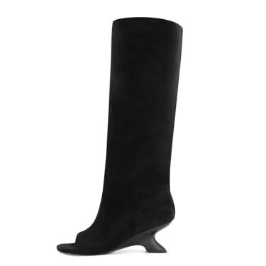 Imagem de MAIJED Botas femininas de camurça folgadas na altura do joelho com salto plataforma Peep Toe Botas longas de salto alto de inverno, Camurça preta, 38