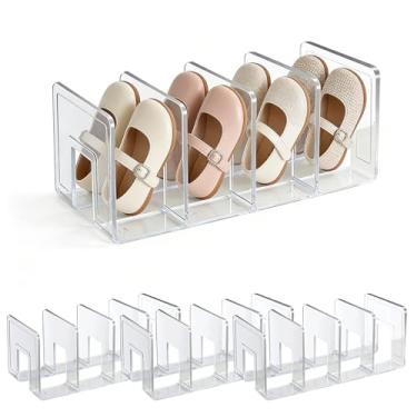 Imagem de Organizador de sapatos infantis – Caixas de armazenamento verticais de acrílico transparente, suporte de sapato ajustável de 4 grades para armário, prateleira de sapato infantil com economia de espaço