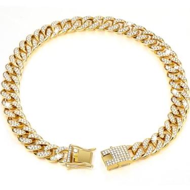 Imagem de Coleira para Cachorro Cuban Link Chain de Metal com Design Fivela Seguro Cristal Simulado Incrustado Acessório Jóias Pets Cães e Gatos Pequenos Médios Grandes Estilo Luxuoso Hip-hop