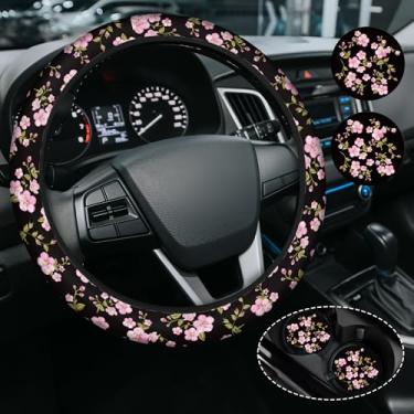 Imagem de Capa de volante floral rosa, capa de volante de neoprene antiderrapante, acessório de carro de flor para mulheres e meninas, ajuste universal de 38 cm, SUVS, inclui 2 porta-copos de cerâmica