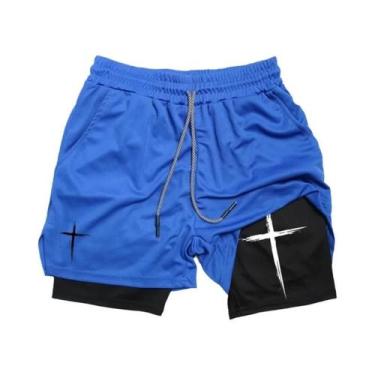 Imagem de Shorts De Corrida Masculinos 2 Em 1 Com Estampa Cruzada, Bolso Para Ce